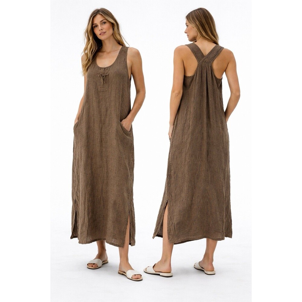 Click x Color Me Cotton USA 100% Linen Brown Midi Dress Cross Back Lagenlook Med